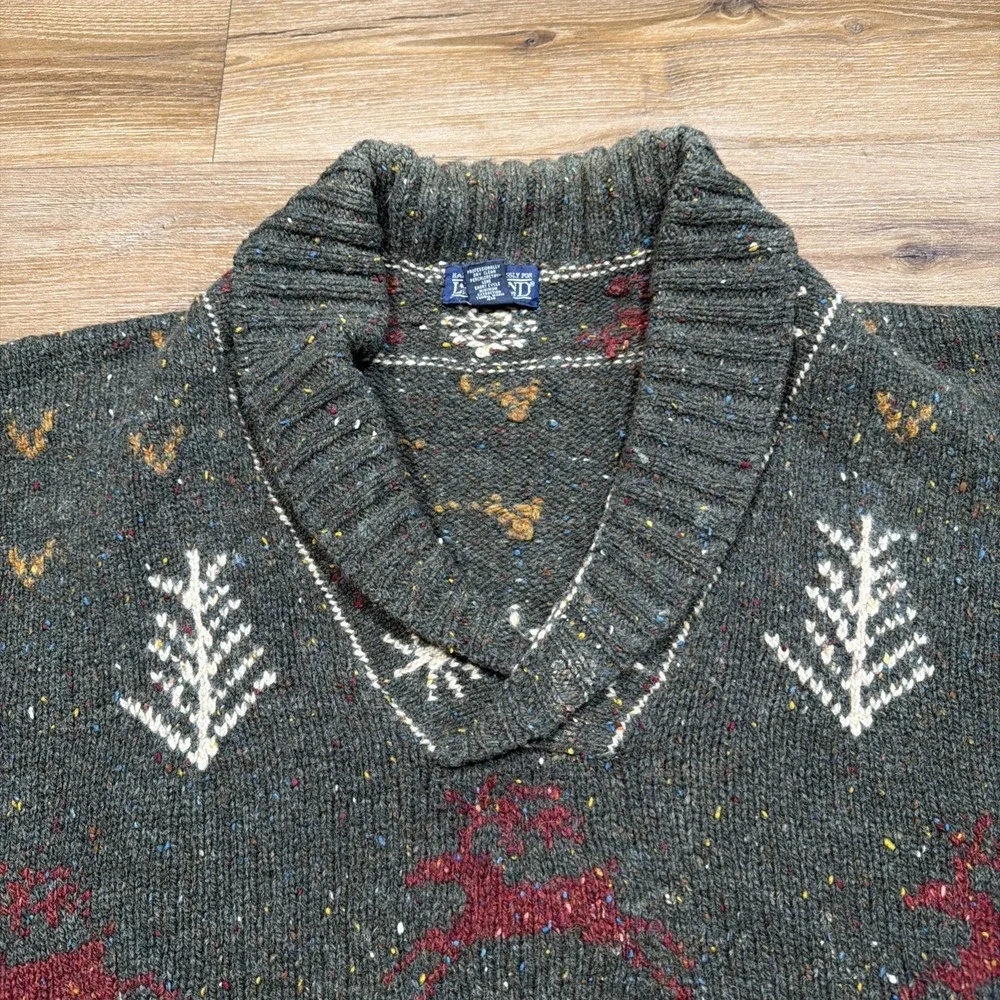 Lands' End Sweater Men's LARGE Heavy Wool Green Shawl Collar Reindeer Christmas